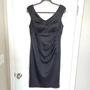 XSCAPE black sleeveless ruched v-neck sheath dress, knee length, women's 12